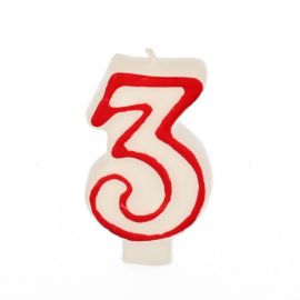 etal-shops.com - Bougie ''Chiffre'' 7,3 cm blanc ''3'' avec bord rouge par 12