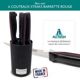 etal-shops.com - Bloc de 6 couteaux à steak microdentés - Manche ergonomique noir avec filet rouge