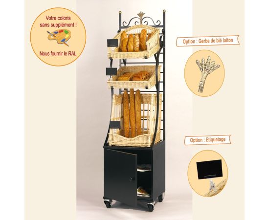 etal-shops.com - Etagère mobile modulable Boislette 1 panier baguettes 2 paniers pains spéciaux