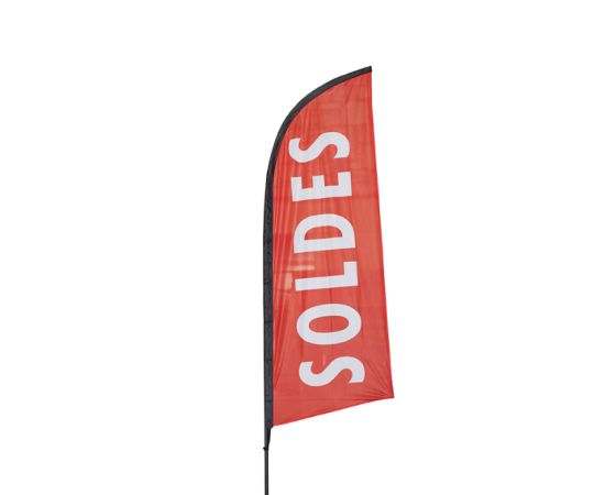 etal-shops.com - Drapeau publicitaire "SOLDES" de dimensions 225 x 85 cm avec mât