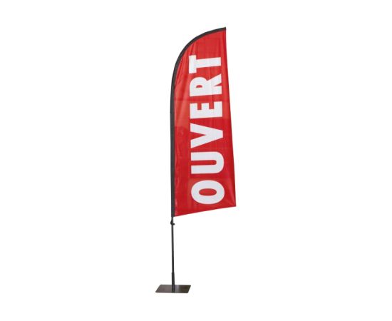 etal-shops.com - Drapeau "OUVERT" de dimensions 225x85 cm avec kit complet mât, platine et bouée