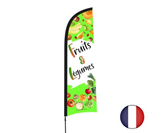 etal-shops.com - Drapeau publicitaire "Fruits & Légumes" de dimensions 230 x 70 cm avec mât