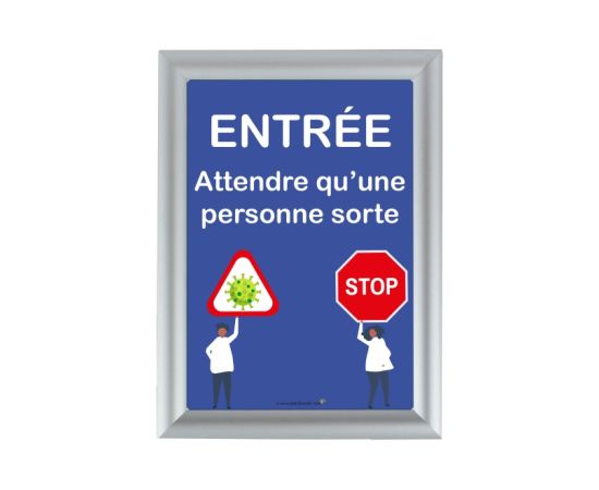 etal-shops.com - Cadre d'affichage format A4 en aluminium gris avec affiche "ENTREE : ATTENDRE QU’UNE PERSONNE SORTE"