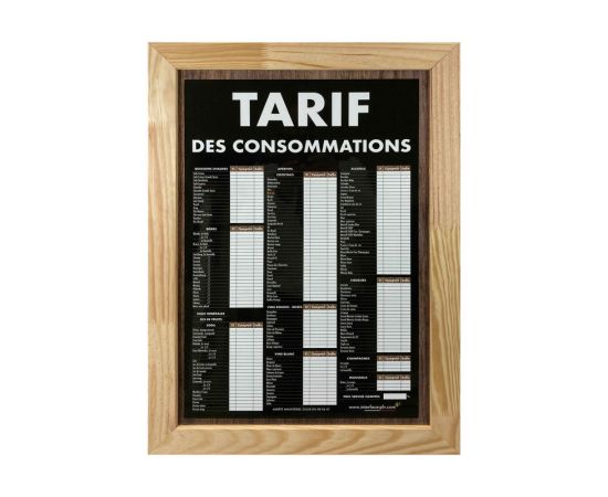 etal-shops.com - Panneau bois brut "TARIF DES CONSOMMATIONS" traditionnel dimensions 60 x 40 cm