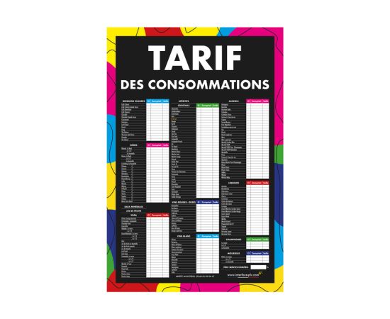 etal-shops.com - Adhésif "TARIF DES CONSOMMATIONS" moderne dimensions 61 x 41 cm