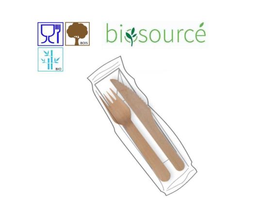 etal-shops.com - Kit couvert avec couteau et fourchette jetable écologique en bois de Bouleau biosourcé et une serviette en papier 165 mm et 158 mm x 500 PAPA France