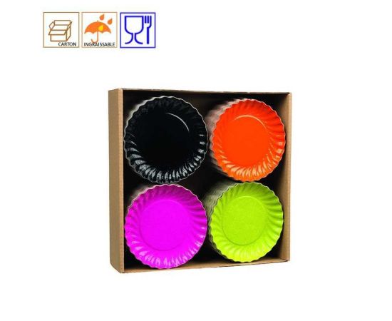 etal-shops.com - Assortiment de petite assiette support en carton de 4 couleurs vert anis, fushia, orange et noir 97 mm x 600 Nordia