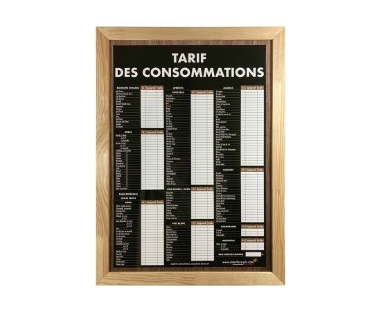 etal-shops.com - Panneau bois brut "TARIF DES CONSOMMATIONS" traditionnel format A1