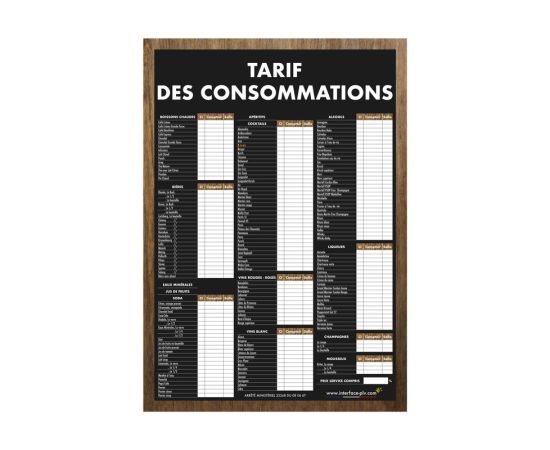 etal-shops.com - Panneau "TARIF DES CONSOMMATIONS" traditionnel format A1