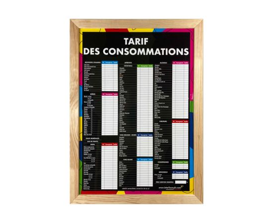 etal-shops.com - Panneau bois brut "TARIF DES CONSOMMATIONS" moderne format A1