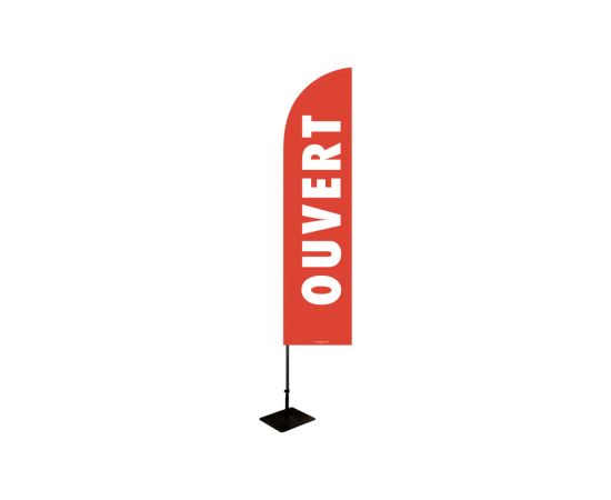 etal-shops.com - Drapeau publicitaire "OUVERT" de dimensions 255 x 60 cm avec Kit mât et platine métallique