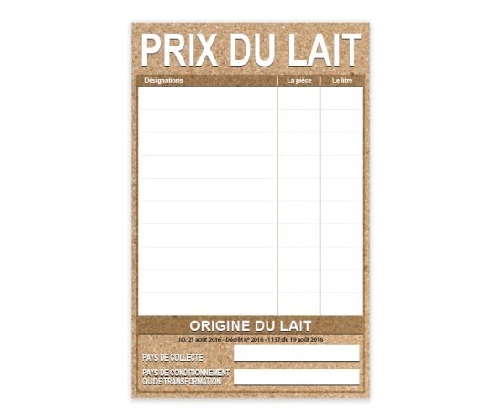 etal-shops.com - Panneau PRIX DU LAIT avec origine 30x 40cm Ecolyx