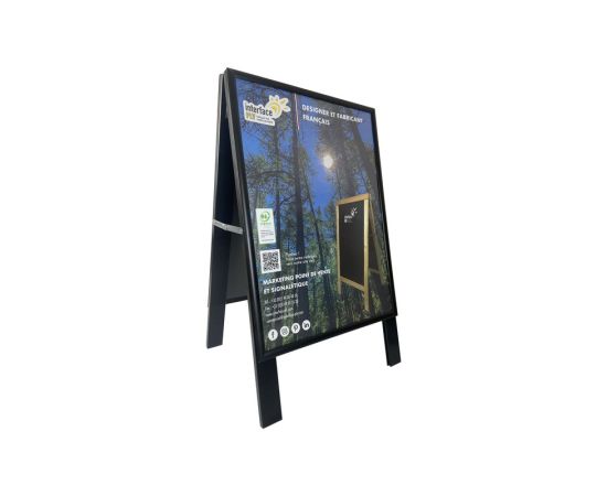 etal-shops.com - Chevalet stop trottoir bois noir avec porte affiche alu - Dimensions 106 x 62 cm, Shipping Google: FR::Standard:10.68 EUR, Couleur: Noir, Format: A1